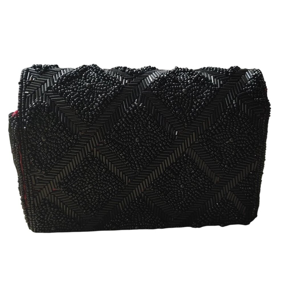 Vintage Black Beaded Evening Clutch Vintage Red Satin Lining Magnetic Closure